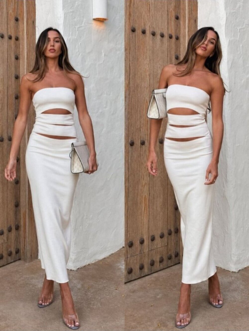 Zara Strapless Cutout Column Maxi Dress Knit Strapless Ivory White Size Medium